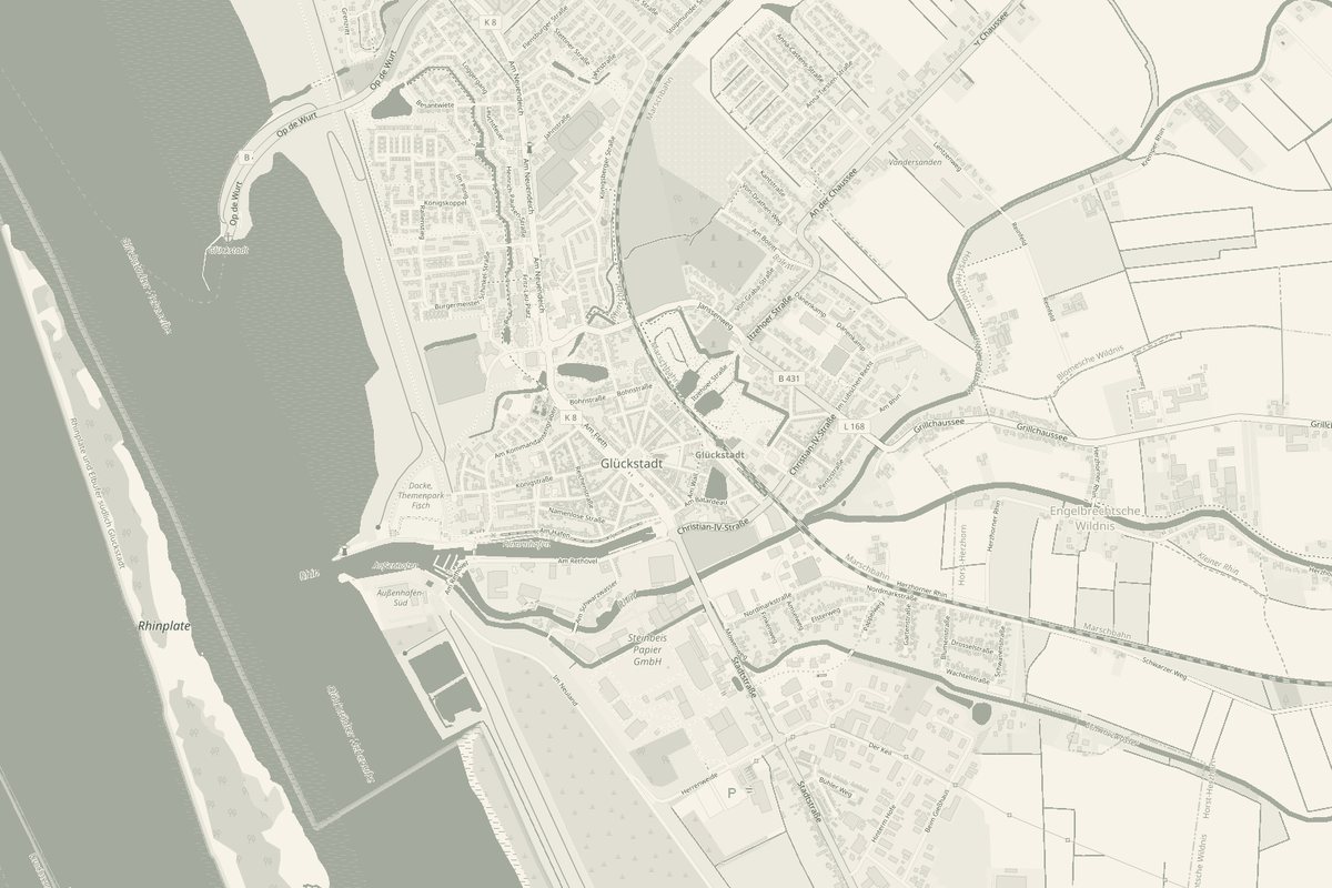 Karte von Glückstadt und Umgebung aus der Vogelperspektive, eingefärbt in den Markenfarben.