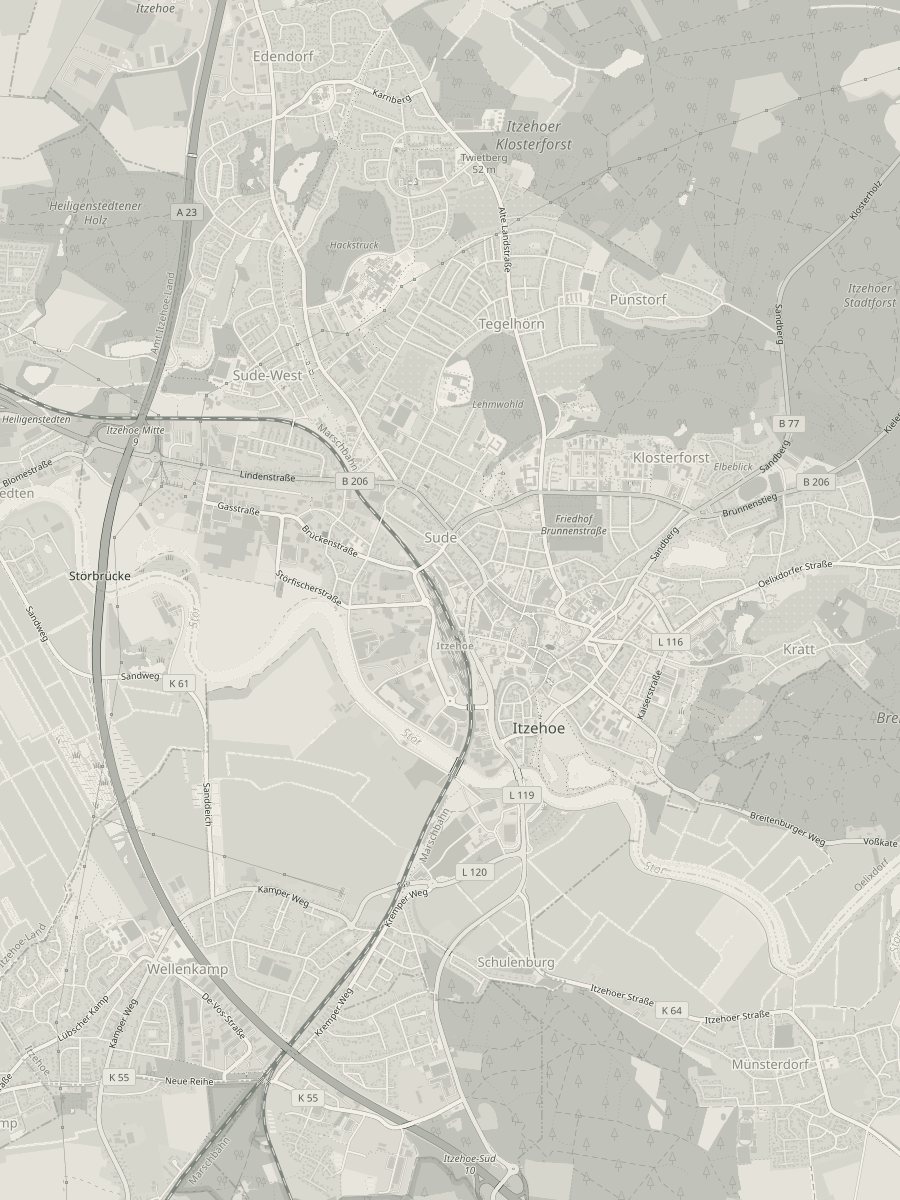 Vogelperspektive von Itzehoe mit vier markierten Wohnlagen und ihren Bodenrichtwert-Spannen: Innenstadt um 300, Kratt um 190, Edendorf 150 bis 180, Wellenkamp um 120 Euro pro Quadratmeter.