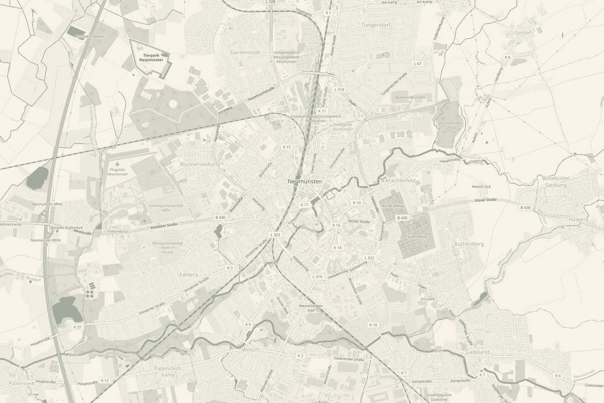 Karte von Neumünster und Umgebung aus der Vogelperspektive, eingefärbt in den Markenfarben.